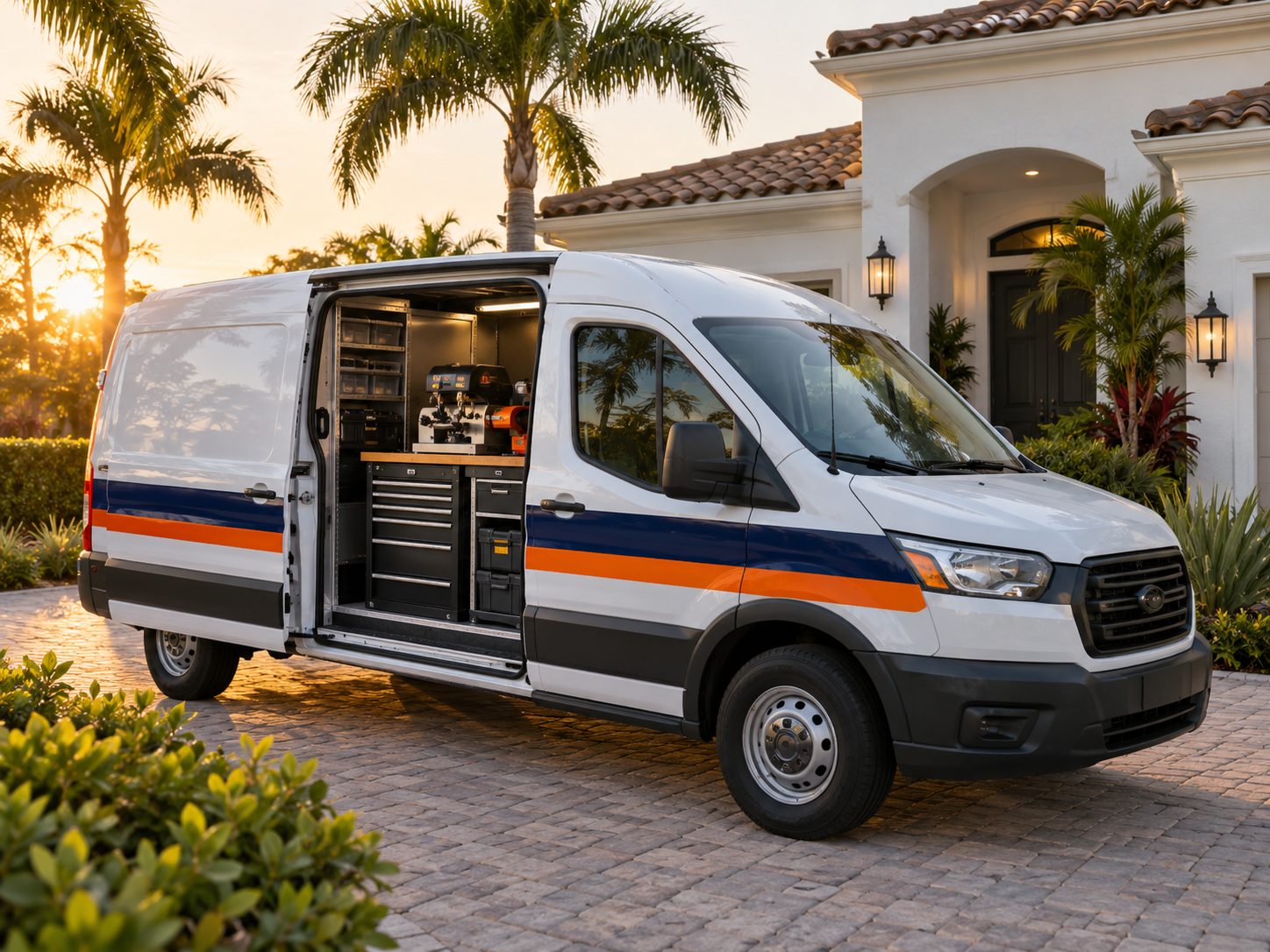 A marked van: Our van at a Coral Gables driveway, side door open, stocked for the day.