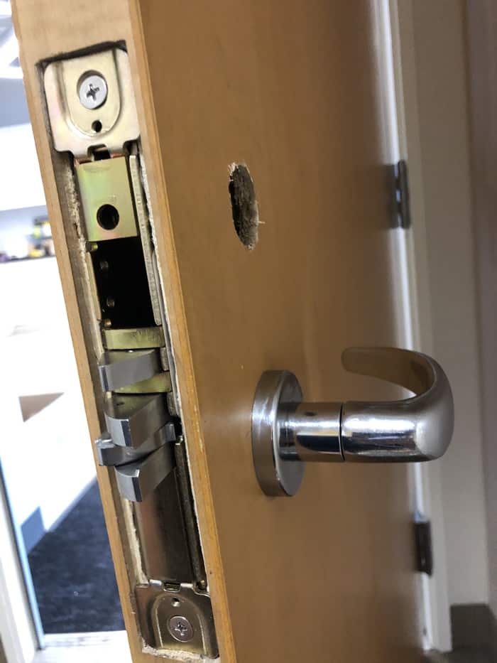 Electrified mortise lock: Electrified mortise cassette lock installed, lever and deadbolt working from the reader.