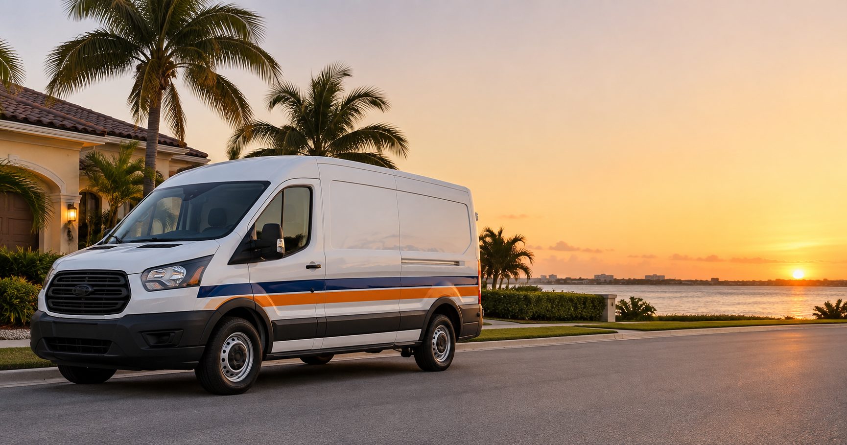 Gulf Coast crew: The van on the Gulf Coast at sunset.