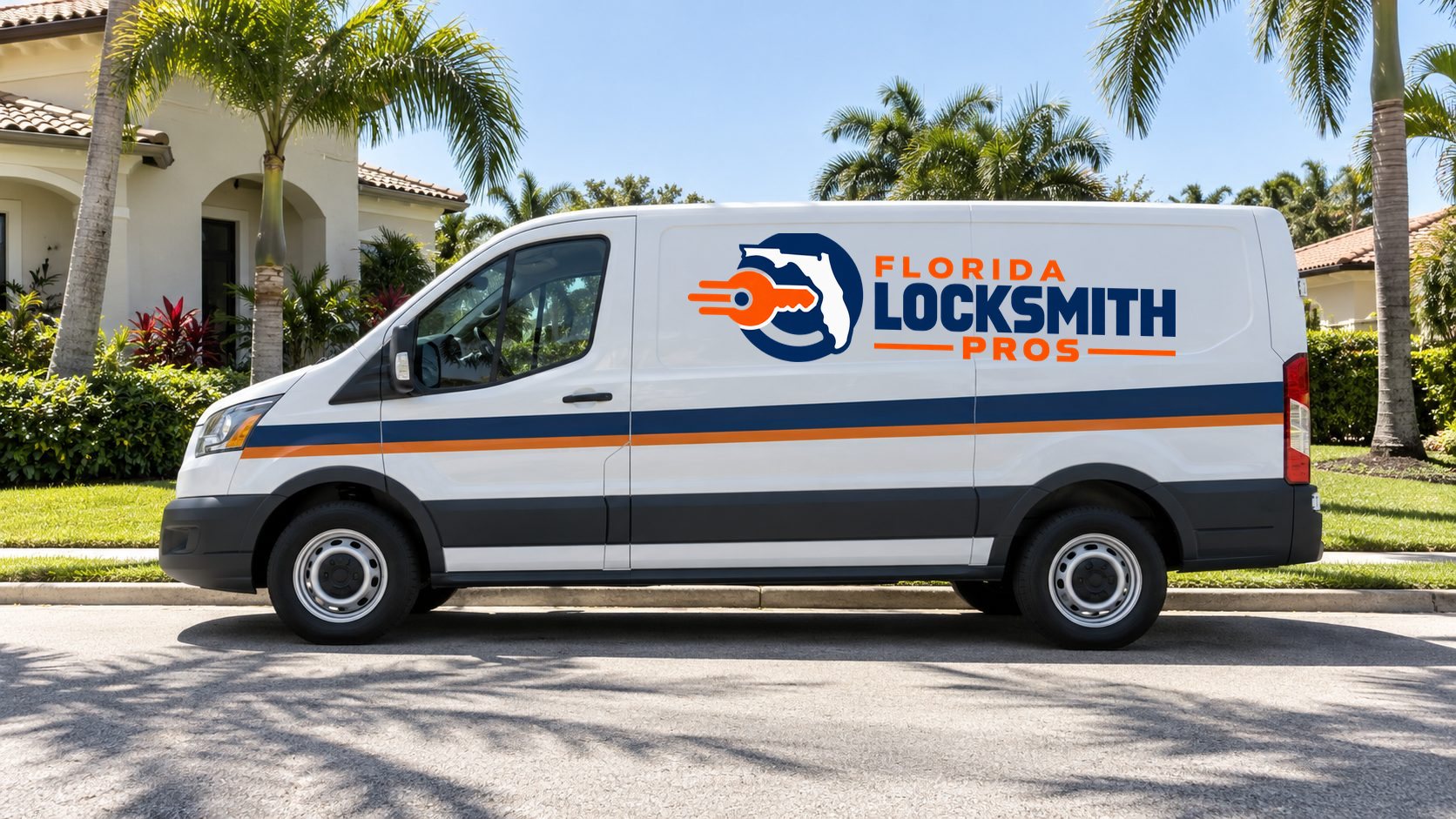 The van: White van, navy and orange stripe, our name on the side. If it does not look like this, it is not us.